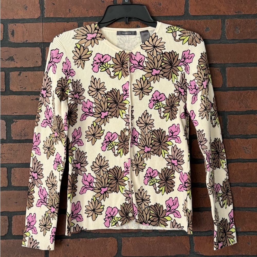 Liz Claiborne Floral Ribbed Cardigan Sweater Medium Y2K Pink Cream Coquette